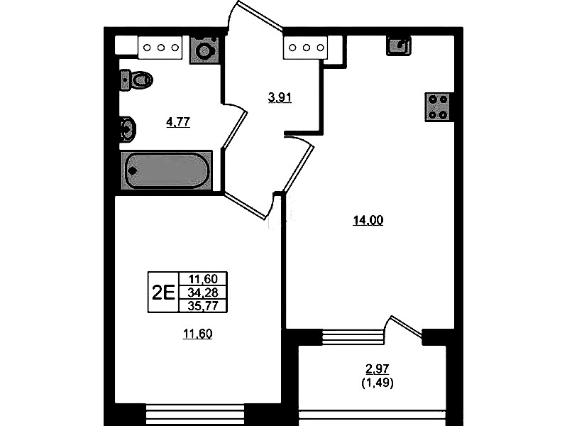 1-комнатная квартира 34.28 м², 2/5 эт., ЖК «Plus Пулковский»